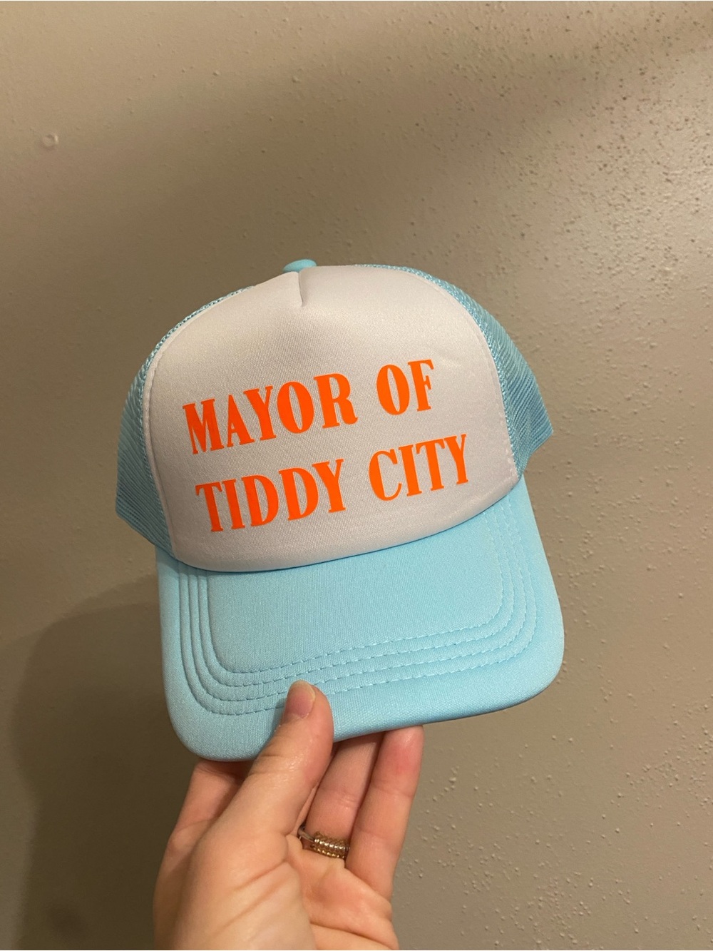 Novelty Trucker Hat "Mayor of Tiddy City" - Light Blue & White with Orange Text